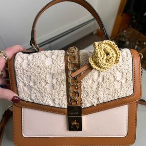 Aldo Pink and Brown Crossbody Bag with Crochet & Chain Detail Top Handle